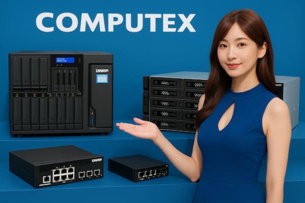 QNAP NAS展示主機、擴充槽、網路交換器等有 show girls 威聯通有軟體，衝刺Edge-AI、備援高階市場 Nov 2025(增)