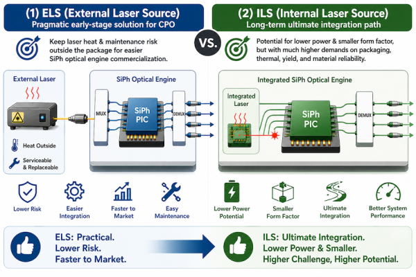 ELS把雷射熱與維修風險留在封裝外，讓optical engine 更易商用。ILS 走整合，有機會降低功耗與體積，良率與材料要求嚴苛_簡 合聖 metalens 對位準優點，目標自動化/高良率 Jun.2026